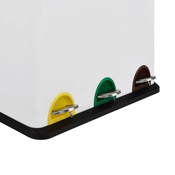 SVITA Treteimer TC3X20 - 60 l, Stahl, Weiß - Weißer Dreifach-Mülleimer mit gelben, grünen und braunen Fußpedalen zur Mülltrennung.