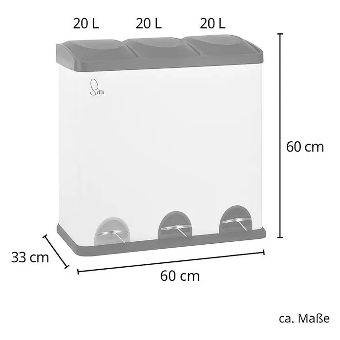 SVITA Treteimer TC3X20 - 60 l, Stahl, Weiß - Weißer Treteimer mit 3 Fächern, grauem Deckel, je 20L. Maße: 60x33x60 cm (BxTxH).