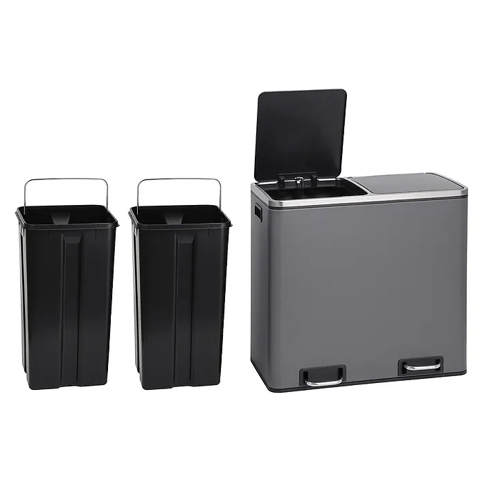 SVITATM2X24 Mülleimer Treteimer 48 Liter Grau -  - Dunkelgrauer Doppel-Treteimer mit zwei separaten schwarzen Inneneimern, ein Deckel offen.