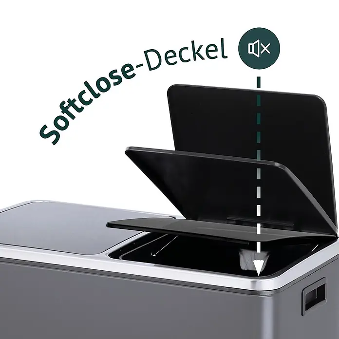 SVITATM2X24 Mülleimer Treteimer 48 Liter Grau -  - Grauer Mülleimer mit schwarzem, teilweise geöffnetem Softclose-Deckel, der leises Schließen anzeigt.
