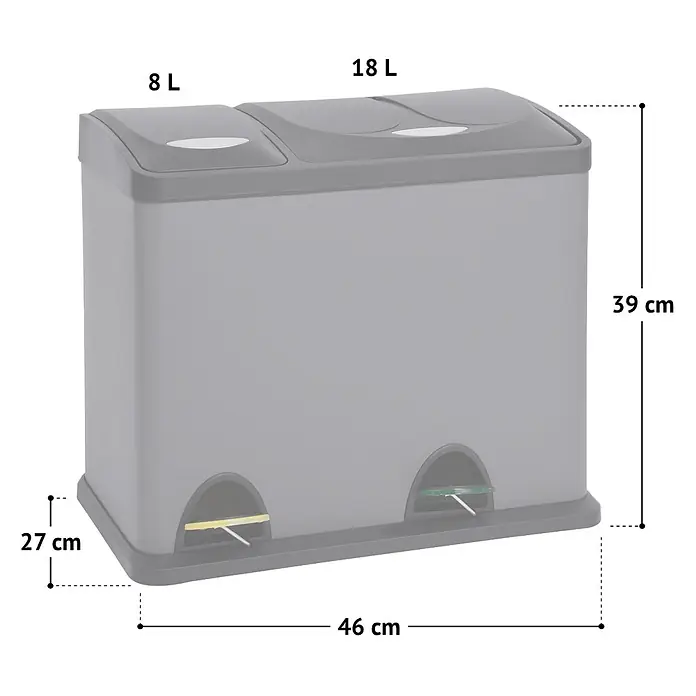 SVITA Treteimer TC2Combo26 - 26 l, Stahl, Grau - Grauer Abfalleimer mit zwei Fächern (8L & 18L), Pedalöffnung, 39x46x27 cm, zur Mülltrennung.