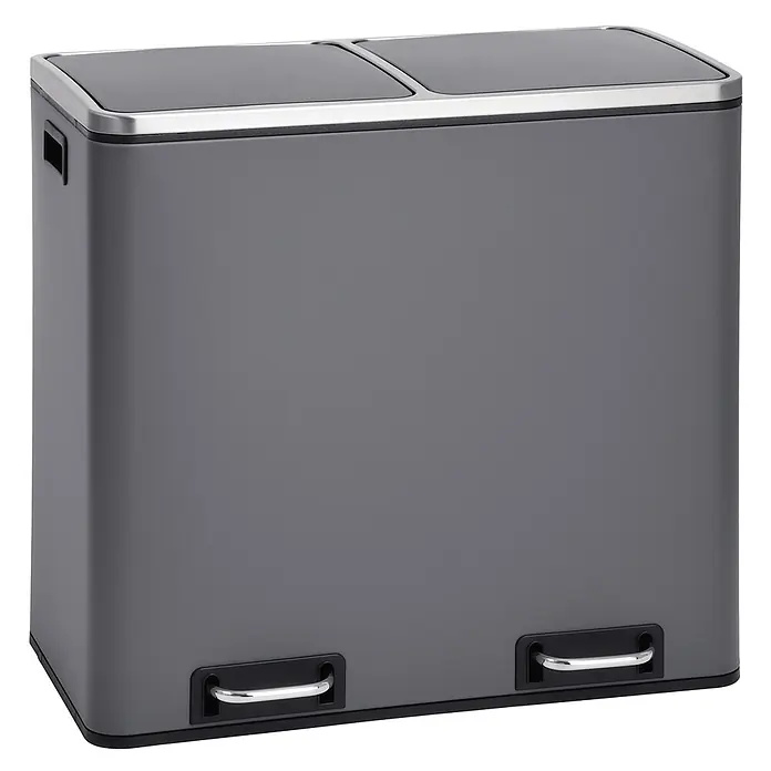 SVITATM2X24 Mülleimer Treteimer 48 Liter Grau -  - Grauer Doppel-Tretmülleimer mit schwarzen Deckeln und silbernen Pedalen zur Mülltrennung.