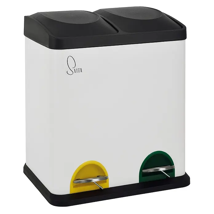 SVITA Treteimer TC2X15 - 30 l, Stahl, Weiß - Weißer Zwei-Kammer-Treteimer mit schwarzem Deckel und Basis, sowie gelben und grünen Pedalen zur Mülltrennung.