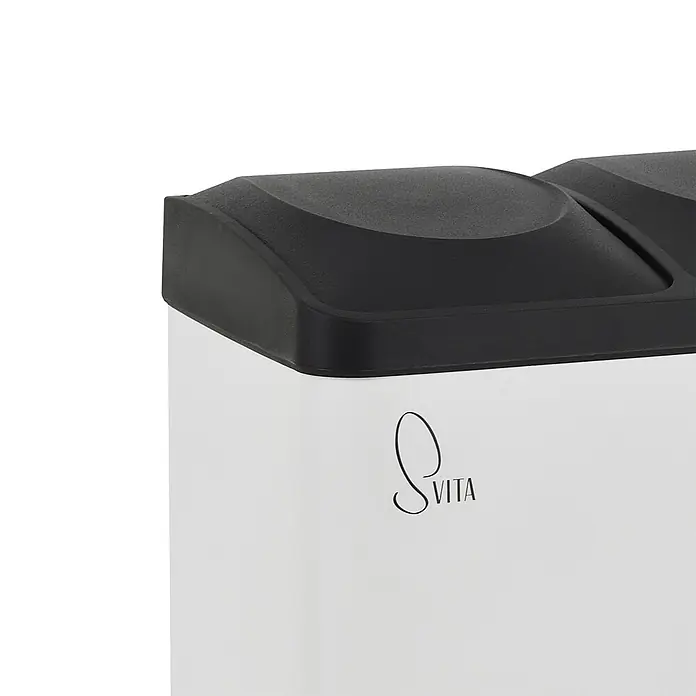 SVITA Treteimer TC2X15 - 30 l, Stahl, Weiß - Weißer Recyclingbehälter mit schwarzem Zweifach-Deckel. Mit „S VITA“-Logo.