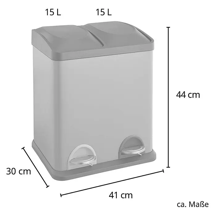 SVITA Treteimer TC2X15 - 30 l, Stahl, Grau - Grauer Kunststoff-Doppeltretmülleimer, 2x15L, für Mülltrennung, Maße 44x41x30 cm.
