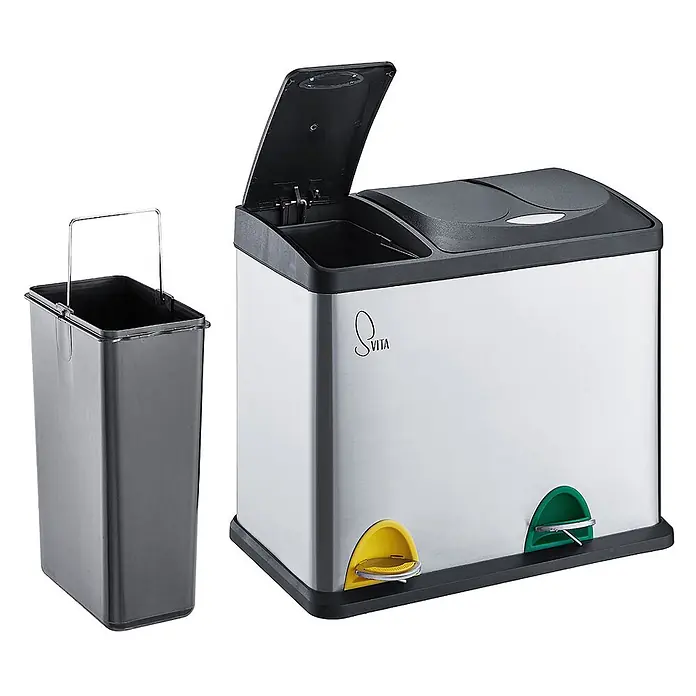 SVITA Treteimer TC2Combo26 - 26 l, Edelstahl, Silber - Edelstahl-Doppeltretmülleimer mit schwarzen Deckeln, gelben & grünen Pedalen und einem herausnehmbaren Inneneimer.