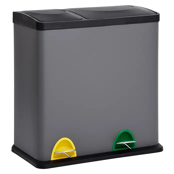 SVITA Treteimer TC2Combo35 - 35 l, Stahl, Grau - Grauer Abfalleimer mit zwei Fächern, schwarzen Deckeln und gelben/grünen Fußpedalen.