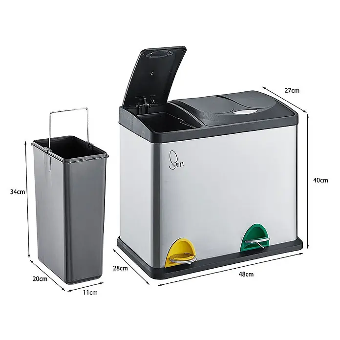 SVITA Treteimer TC2Combo26 - 26 l, Edelstahl, Silber - Edelstahl-Doppeltretmülleimer mit schwarzem Deckel und zwei Innenfächern.