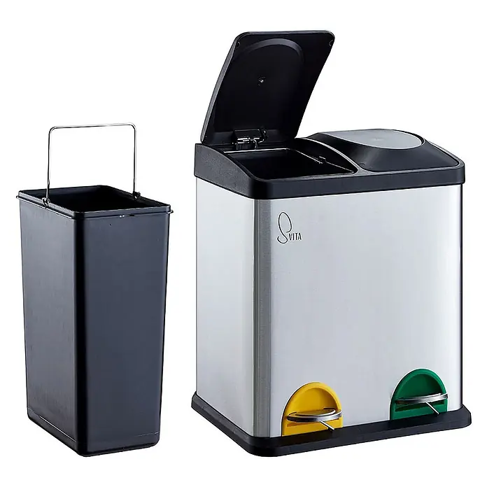 SVITA Treteimer TC2X15 - 30 l, Edelstahl, Silber - Zweifach-Edelstahl-Treteimer mit schwarzem Deckel, gelben und grünen Pedalen und separatem schwarzen Inneneimer.