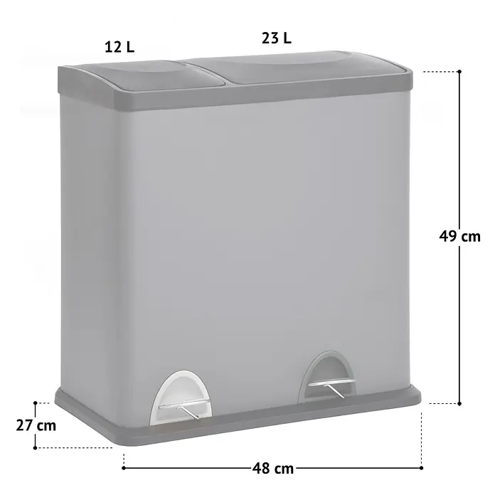 SVITA Treteimer TC2Combo35 - 35 l, Stahl, Grau - Grauer Doppel-Tretmülleimer mit 12L und 23L Fächern, Maße 49 cm H x 48 cm B x 27 cm T.
