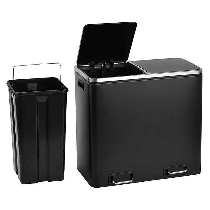 SVITA Treteimer TM2X24 - 48 l, Metall, Schwarz - Schwarzer Treteimer mit zwei Fächern und geöffnetem Deckel, zeigt einen herausnehmbaren Plastikeinsatz zur Mülltrennung.