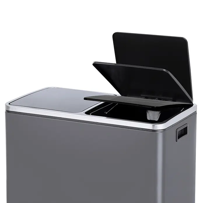 SVITA Treteimer TM2X30 - 60 l, Metall, Grau - Grauer, rechteckiger Recyclingbehälter mit silbernem Rand, einer geschlossenen Klappe und zwei offenen schwarzen Klappdeckeln zum Sortieren.