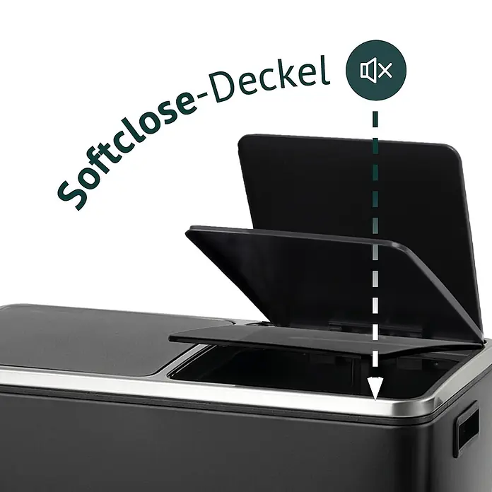 SVITA Treteimer TM2X24 - 48 l, Metall, Schwarz - Dunkelgrauer Mülleimer mit offenem Softclose-Deckel und leisem Schließmechanismus, durch ein Mute-Symbol hervorgehoben.