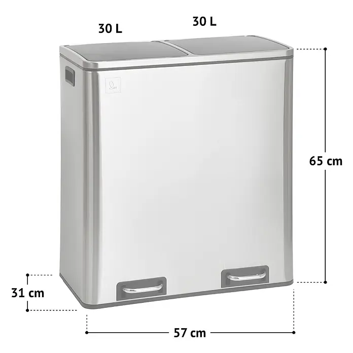 SVITA Treteimer TM2X30 - 60 l, Metall, Grau - Edelstahl Doppel-Mülleimer mit zwei 30L Fächern, Maße 65x57x31 cm.