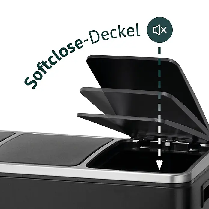 SVITA Treteimer TM3X18 - 54 l, Metall, Schwarz - Dunkelgrauer Abfalleimer mit Chromrand, der einen langsam schließenden Softclose-Deckel und leisen Betrieb zeigt.