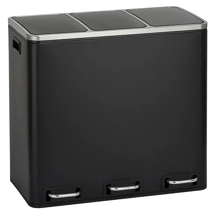SVITA Treteimer TM3X18 - 54 l, Metall, Schwarz - Schwarzer Treteimer mit drei Fächern, silbernen Deckeln und Fußpedalen zur Mülltrennung.