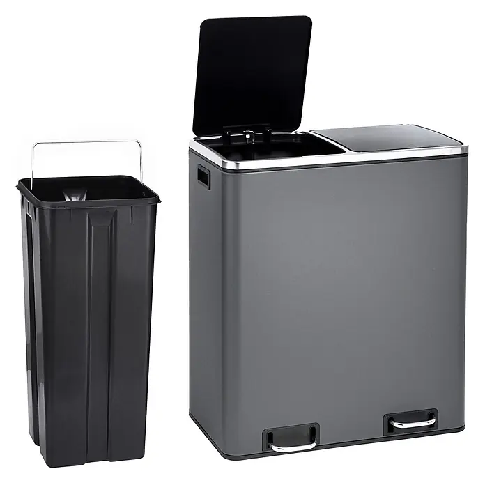 SVITA Treteimer TM2X30 - 60 l, Metall, Grau - Grauer Doppel-Tretmülleimer mit offenem Deckel und herausnehmbarem schwarzem Inneneimer mit Metallgriff.