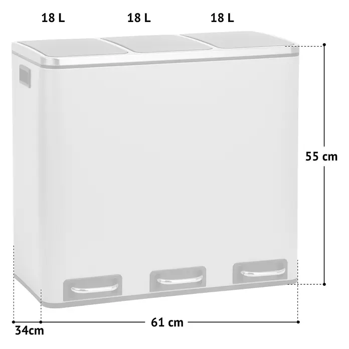 SVITA Treteimer TM3X18 - 54 l, Metall, Schwarz - Weißer Mülleimer mit drei Fächern zur Mülltrennung, 3x18L Fassungsvermögen. Maße: 61x34x55 cm (BxTxH).