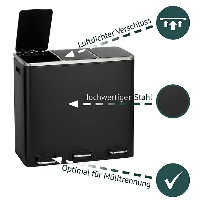 SVITA Treteimer TM3X18 - 54 l, Metall, Schwarz - Schwarzer Edelstahl-Mülleimer mit drei Fächern, Pedalbedienung, luftdichtem Verschluss zur Mülltrennung.