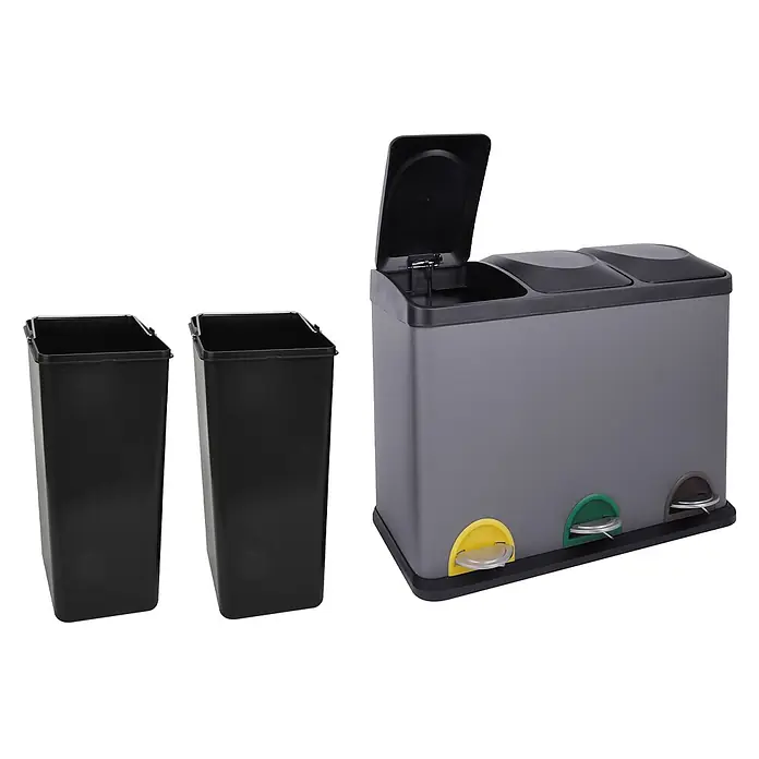 SVITA Treteimer TC3X15 - 45 l, Stahl, Grau - Dreifach-grauer Recycling-Mülleimer mit Fußpedalen in Gelb, Grün und Braun, zwei schwarze Innenbehälter gezeigt.