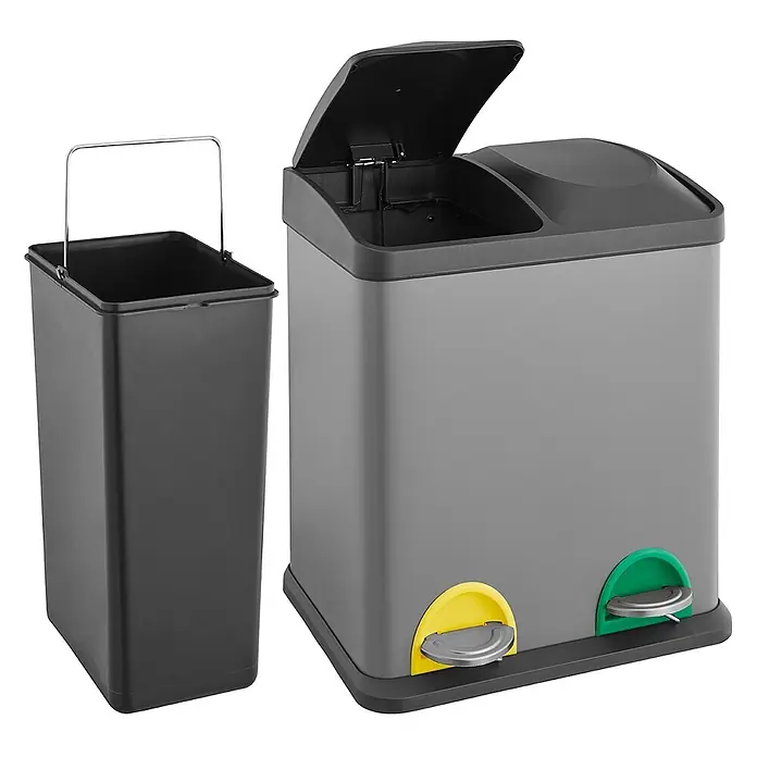 SVITA Treteimer TC2X15 - 30 l, Stahl, Grau - Grauer, rechteckiger Abfalleimer mit zwei Fächern und einem herausnehmbaren schwarzen Inneneimer. Mit separaten Pedalen zur Mülltrennung.