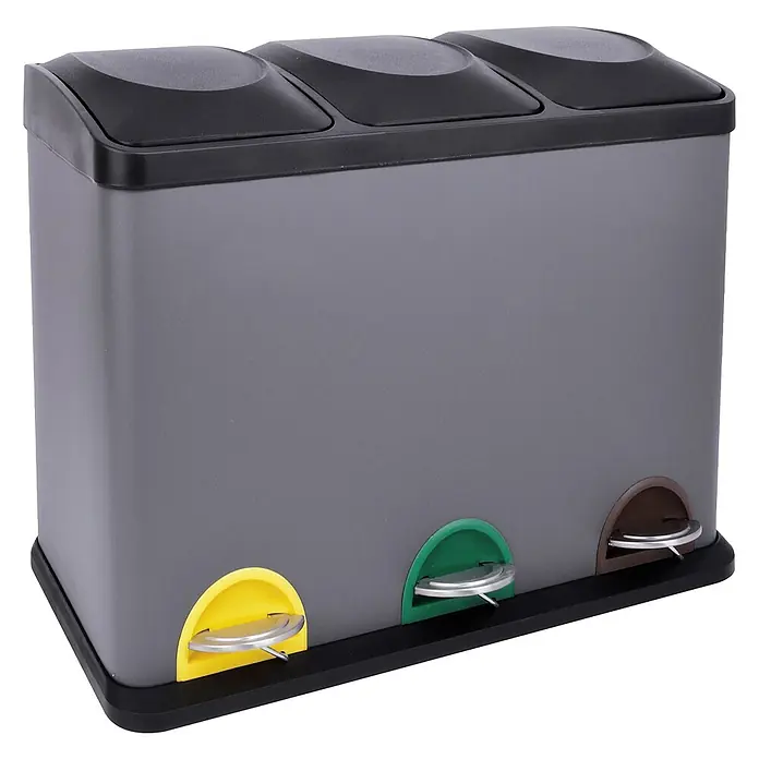SVITA Treteimer TC3X15 - 45 l, Stahl, Grau - Grauer Abfalleimer mit drei Fächern, schwarzen Deckeln und gelben, grünen, braunen Fußpedalen zur Mülltrennung.