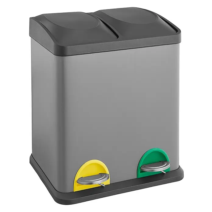 SVITA Treteimer TC2X15 - 30 l, Stahl, Grau - Grauer Dual-Mülleimer mit dunkelgrauen Deckeln und gelben sowie grünen Fußpedalen zur Mülltrennung.