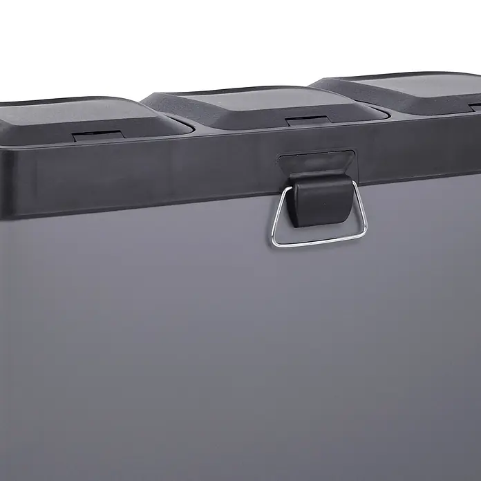 SVITA Treteimer TC3X15 - 45 l, Stahl, Grau - Graue Mehrkammer-Aufbewahrungsbox mit schwarzen Deckeln und einem silbernen Metallgriff.