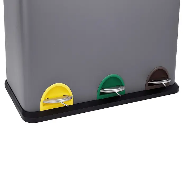 SVITA Treteimer TC3X15 - 45 l, Stahl, Grau - Grauer Recyclingbehälter mit drei Fächern und farbcodierten Fußpedalen (gelb, grün, braun) zur Mülltrennung.