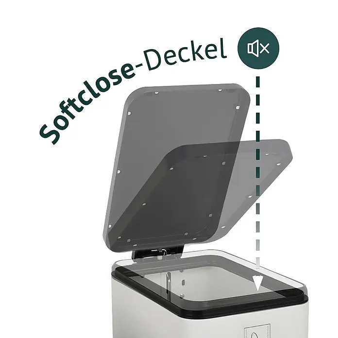 SVITA Treteimer STM18 - 18 l, Weiß - Weißer Behälter mit dunkelgrauem, durchscheinendem Softclose-Deckel, der langsam schließt. Ein Stummschalten-Symbol zeigt den leisen Betrieb an.