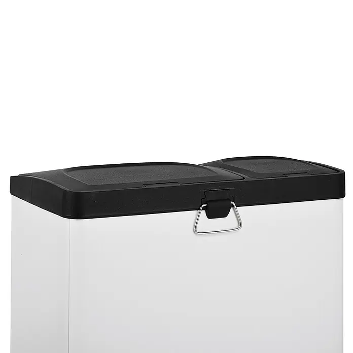 SVITA Treteimer TC2Combo35 - 35 l, Stahl, Weiß - Weißer rechteckiger Abfalleimer mit schwarzem Zweifachdeckel und silbernem Griff.