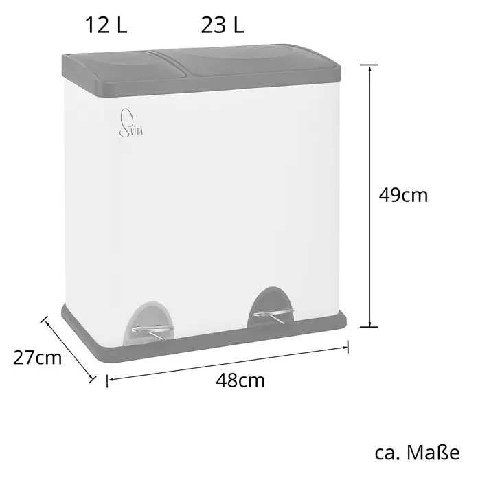 SVITA Treteimer TC2Combo35 - 35 l, Stahl, Weiß - Weiß-grauer Doppeltretmülleimer mit 12L und 23L Fächern, Maße 49x48x27cm, zur Mülltrennung.