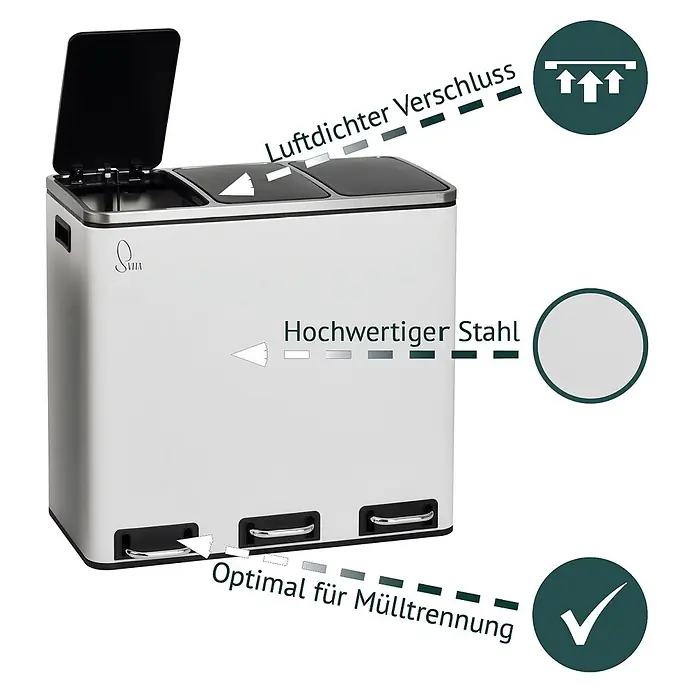 SVITA Treteimer TM3X18 - 54 l, Metall, Weiß - Weißer Edelstahl-Mülleimer mit drei Fächern und Pedalbedienung zur Mülltrennung. Luftdichte Deckel.