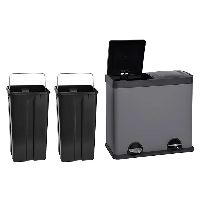 SVITA Treteimer T2X24 - 48 l, Stahl, Grau - Grauer und schwarzer Doppel-Tretmülleimer mit einem geöffneten Deckel und zwei herausnehmbaren schwarzen Inneneimern.