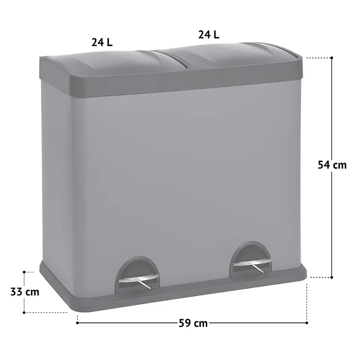 SVITA Treteimer T2X24 - 48 l, Stahl, Grau - Grauer Doppel-Recyclingbehälter mit 2x24L Fassungsvermögen und Fußpedalen, Maße 59x33x54 cm.
