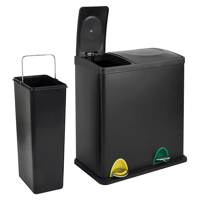 SVITA Treteimer TC2Combo35 - 35 l, Stahl, Schwarz - Schwarzer Treteimer mit zwei Fächern, gelben/grünen Pedalen. Ein Deckel ist offen, ein herausnehmbarer Inneneimer ist daneben abgebildet.