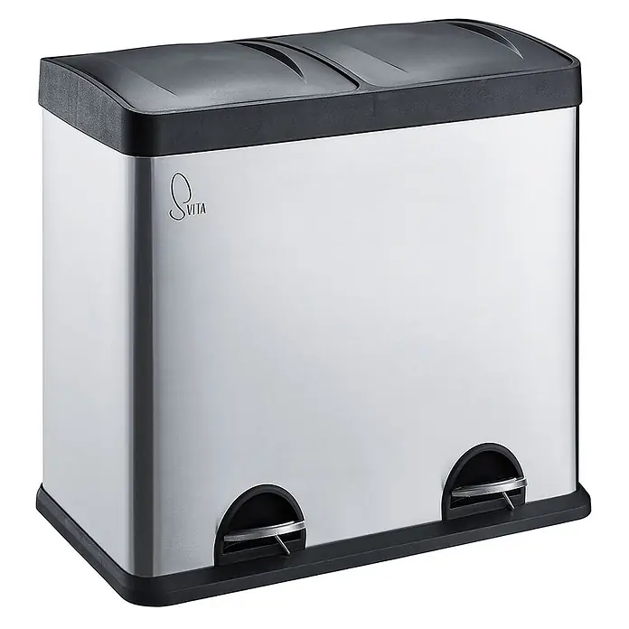 SVITA Treteimer T2X24 - 48 l, Edelstahl, Silber - Edelstahl-Doppeltretmülleimer mit schwarzen Deckeln und Sockel. Mit zwei Fußpedalen.