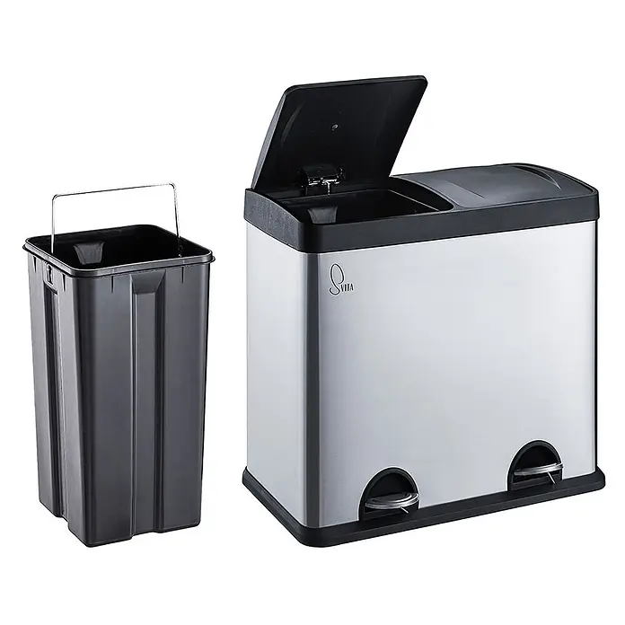 SVITA Treteimer T2X24 - 48 l, Edelstahl, Silber - Doppel-Tretmülleimer aus Edelstahl mit schwarzem Deckel und zwei Pedalen, gezeigt mit herausnehmbarem schwarzem Inneneimer mit Drahtgriff.