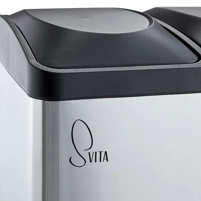 SVITA Treteimer TC2Combo35 - 35 l, Edelstahl, Silber - Recyclingbehälter aus gebürstetem Edelstahl mit schwarzem, geteiltem Deckel und SVITA-Logo.