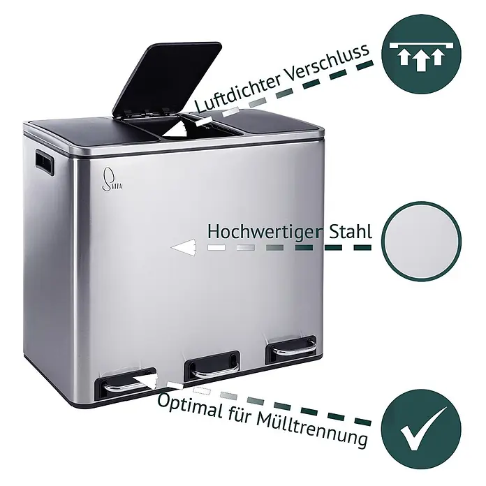 SVITA Treteimer TM3X18 - 54 l, Metall, Silber - Edelstahl Mülleimer mit drei Fächern, Pedalbedienung und luftdichten Deckeln zur optimalen Mülltrennung.