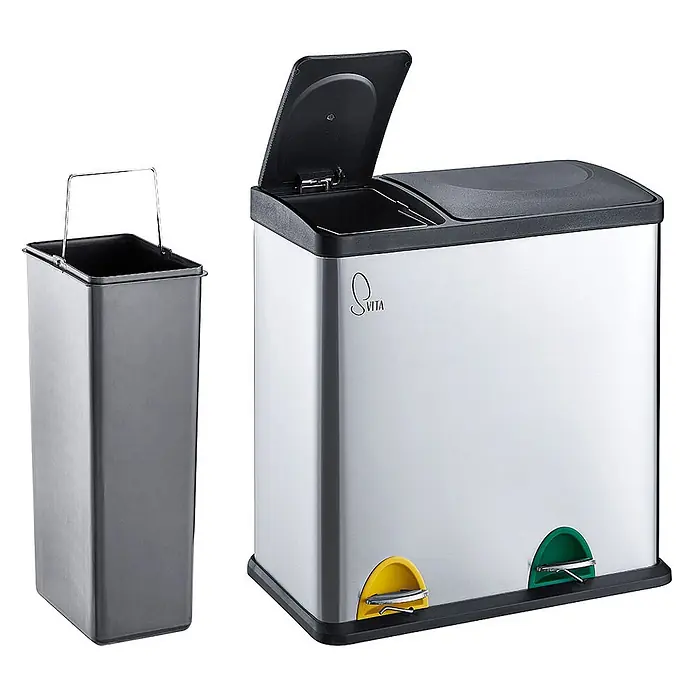 SVITA Treteimer TC2Combo35 - 35 l, Edelstahl, Silber - Edelstahl-Mülleimer mit zwei Fächern und gelben und grünen Pedalen, dazu ein herausnehmbarer Inneneimer.
