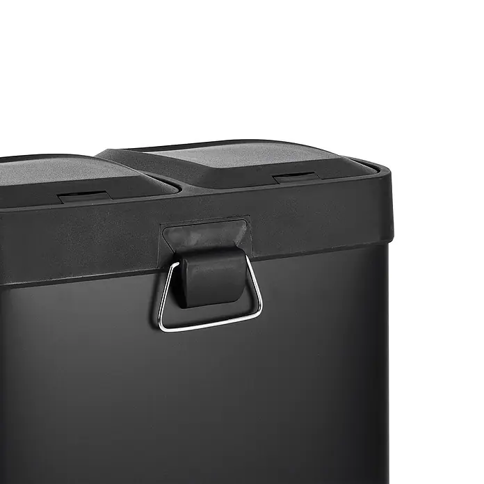SVITA Treteimer TC2X15 - 30 l, Stahl, Schwarz - Schwarzer Mülleimer mit zwei Fächern, separaten Deckeln und einem silbernen Griff.
