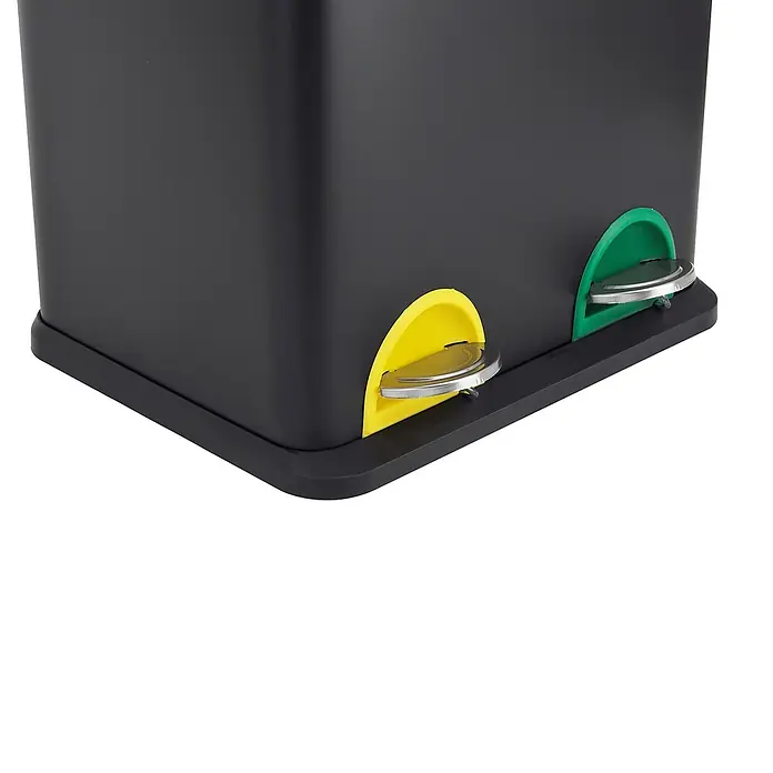 SVITA Treteimer TC2X15 - 30 l, Stahl, Schwarz - Dunkelgrauer Doppel-Mülleimer mit gelben und grünen Fußpedalen zur berührungslosen Bedienung.