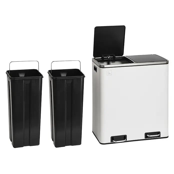 SVITA Treteimer TM2X30 - 60 l, Metall, Weiß - Weißer Tretmülleimer mit zwei Fächern und zwei schwarzen Inneneimern zur Mülltrennung.