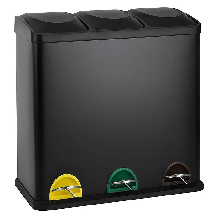 SVITA Mülleimer TC3X20 60L 3x20 Liter Treteimer Abfalleimer Schwarz -  - Schwarzer Dreifach-Mülleimer mit drei Fächern und farbigen Pedalen (gelb, grün, braun) zur Mülltrennung.