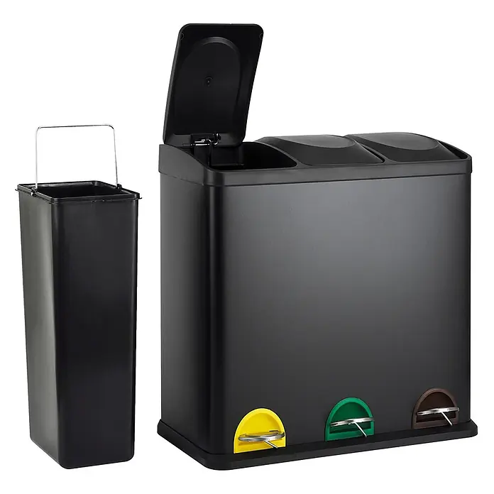 SVITA Mülleimer TC3X20 60L 3x20 Liter Treteimer Abfalleimer Schwarz -  - Schwarzer Dreifach-Recycling-Treteimer mit drei Fächern und farbigen Pedalen. Ein Deckel ist offen, ein Inneneimer ist gezeigt.