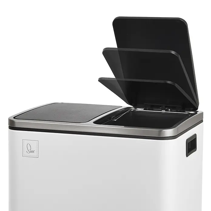 SVITA Treteimer TM2X30 - 60 l, Metall, Weiß - Weißer Mülleimer mit zwei Fächern, schwarzen Deckeln und Edelstahlverkleidung. Ein Deckel ist geöffnet und zeigt seinen geschichteten Mechanismus.