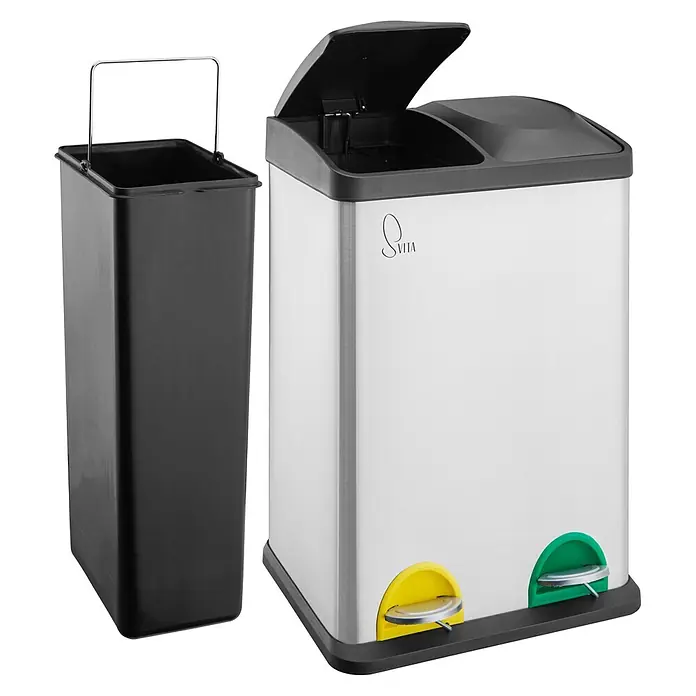 SVITA Treteimer TC2X20 - 40 l, Edelstahl, Silber - Edelstahl-Doppeltretmülleimer mit gelben und grünen Pedalen und separatem schwarzen Inneneimer mit Griff.