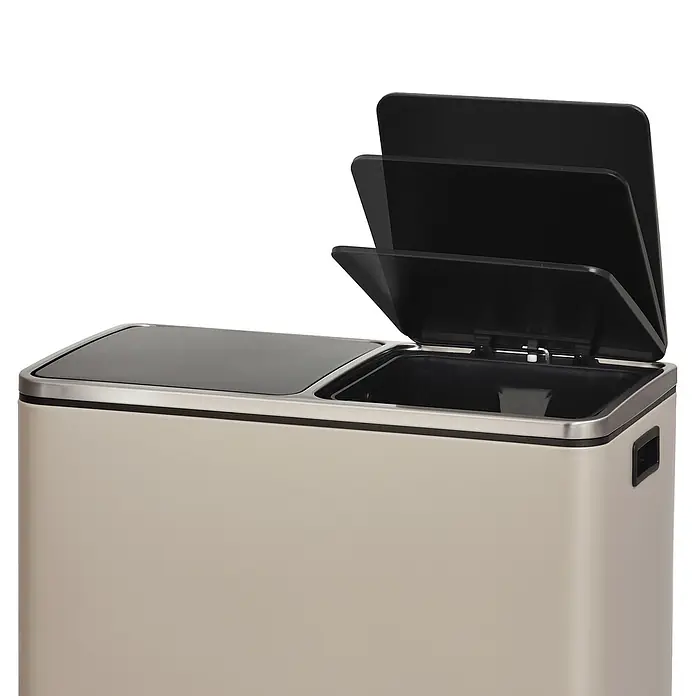 SVITA TM2X30 Mülleimer 60 Liter Küchen-Ordnung Trennsystem Taupe -  - Beiger Mülleimer mit zwei Fächern, schwarzen Deckeln (einer offen), Edelstahlrahmen.