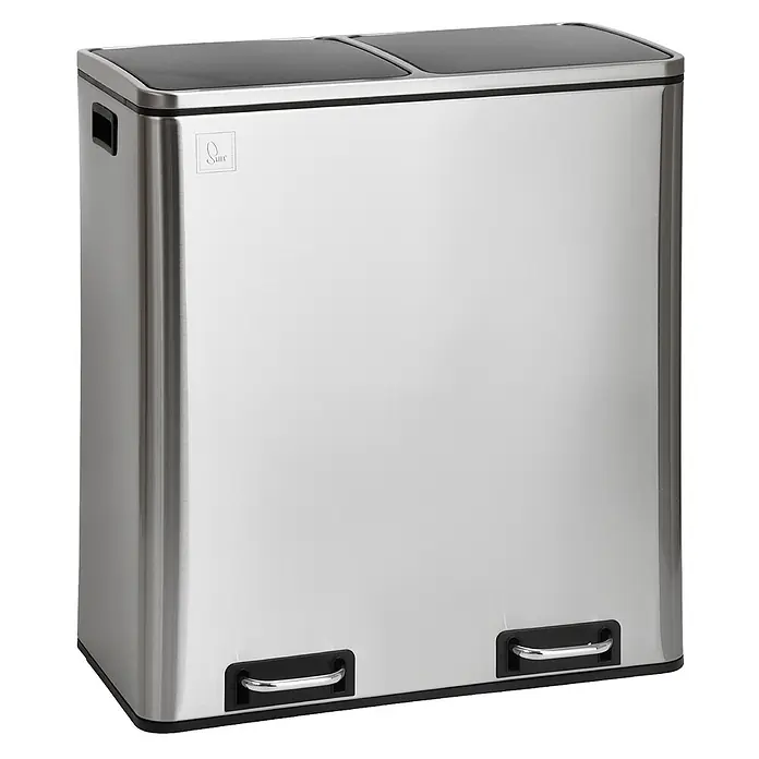 SVITA TM2X30 Treteimer 60 Liter Silber -  - Rechteckiger Mülleimer aus Edelstahl mit zwei Fächern, schwarzen Deckeln, seitlichen Griffen und zwei Fußpedalen zur Mülltrennung.